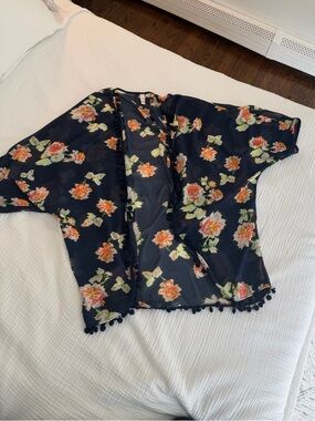 Xhilaration Navy Floral Kimono with Pom Trim